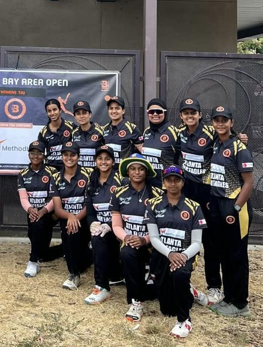 SN Cricket Academy women's team in Atlanta War Eagles kit posing together at the Bay Area Open Women's T20 tournament